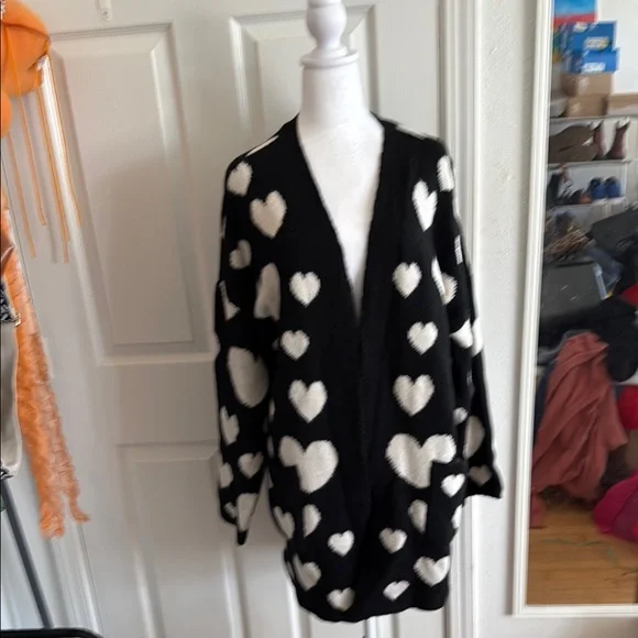 Used Anthroplogie Black and White Heart Pattern Sweater - Picture 1 of 5